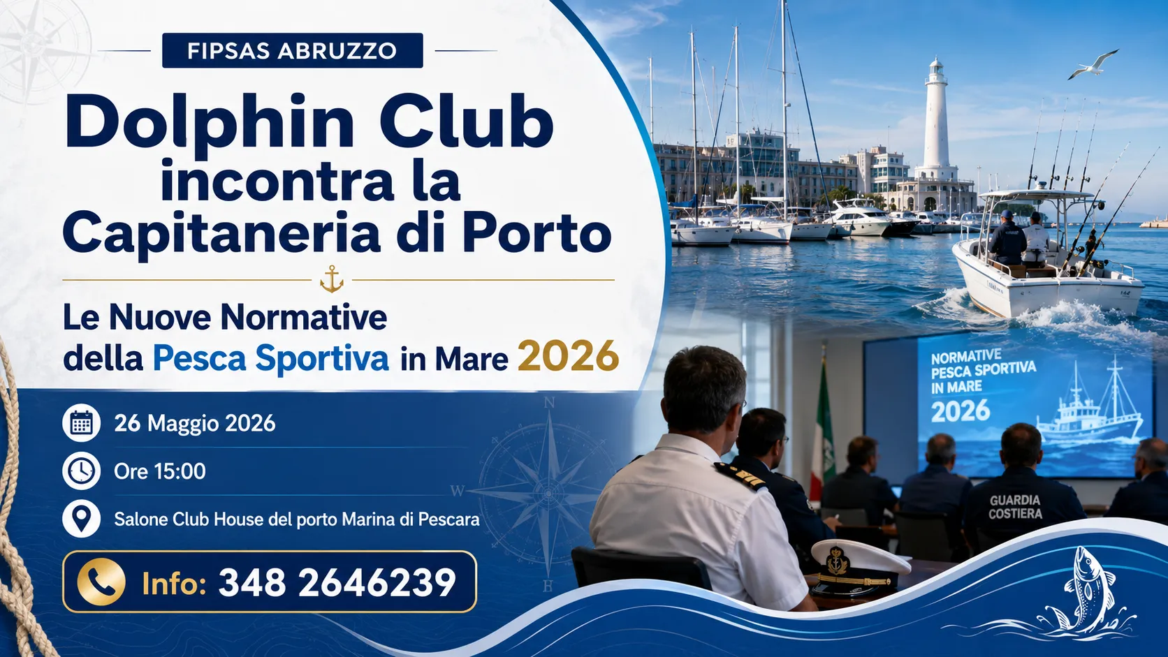 Incontro Dolphin Club con la Capitaneria di Porto sulle normative pesca sportiva in mare 2026 al porto Marina di Pescara