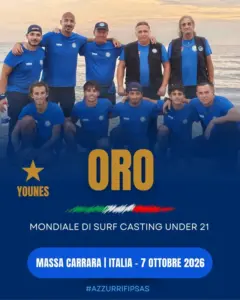 Francesco Di Giustino, atleta teramano della ASD Teramo Spinning, con la Nazionale italiana Under 21 di Surf Casting.